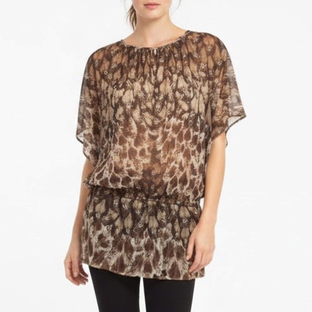 Mango Dress or Long Shirt - Brown/Beige Feather Pattern - M